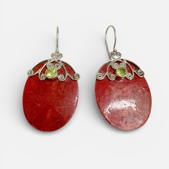 Vintage Jewelry - Coral and Peridot Sterling Silver Earrings Oval 925 Scrolled Hook Wires Bohemian